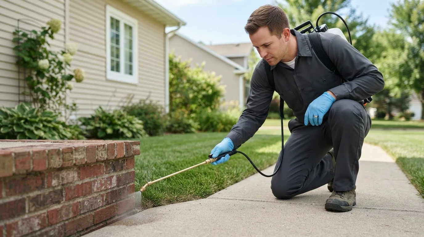 Pest control technician treating a home near Copeland, KS